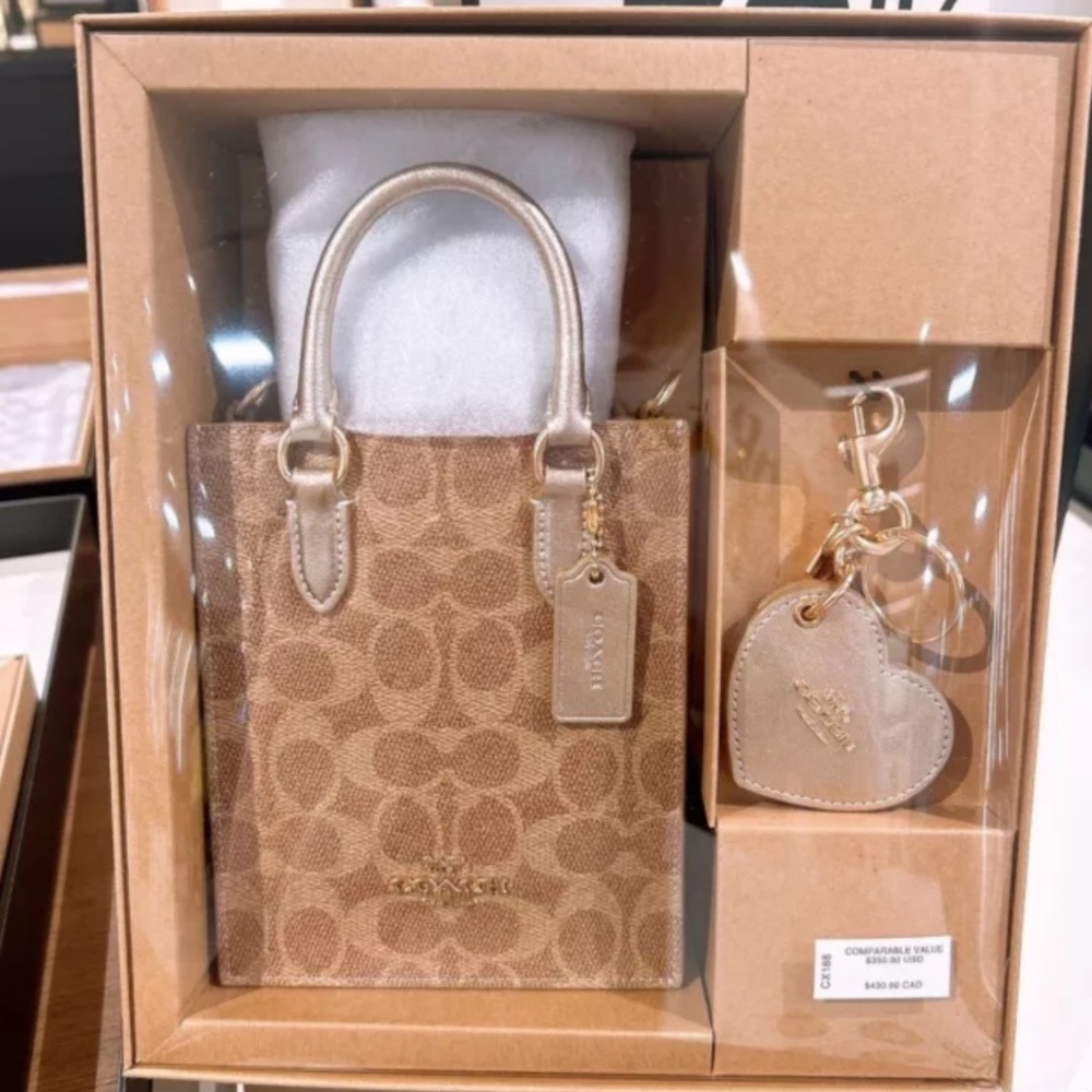 COACH Boxed Mini Tote Bag And Mirror Bag Charm Set In Signature Canvas